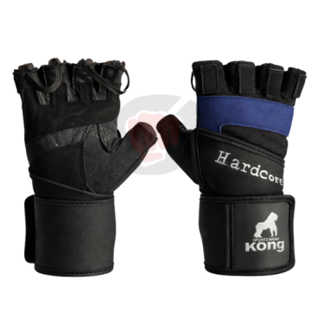 Gants de musculation KONG noir et bleu Hardcore avec strap poignet et grip renforcé