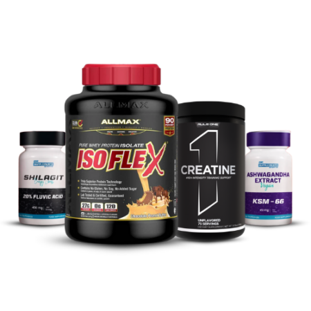 Pack prise de muscle avec whey isolate ISOFLEX, créatine Rule 1, ashwagandha KSM-66 et shilajit 20 % fulvic acid