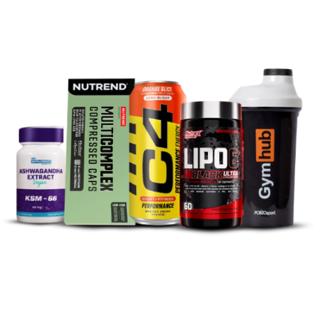 Pack Lipo 6 Black 60 caps avec multivitamines Nutrend, Ashwagandha KSM-66, C4 Energy et shaker – pack sèche et énergie