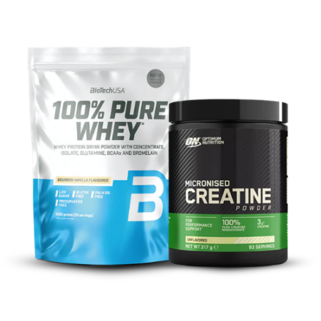 Pack whey BioTechUSA 100% Pure Whey 1kg et créatine Optimum Nutrition micronisée pour prise de muscle et force