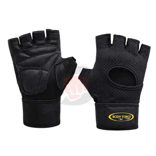 Gants de musculation BODY FORCE noirs avec paume en cuir et tissu respirant pour fitness