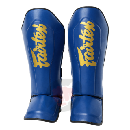 Protège-tibias Fairtex bleu et or pour Muay Thaï avec protection tibia et pied
